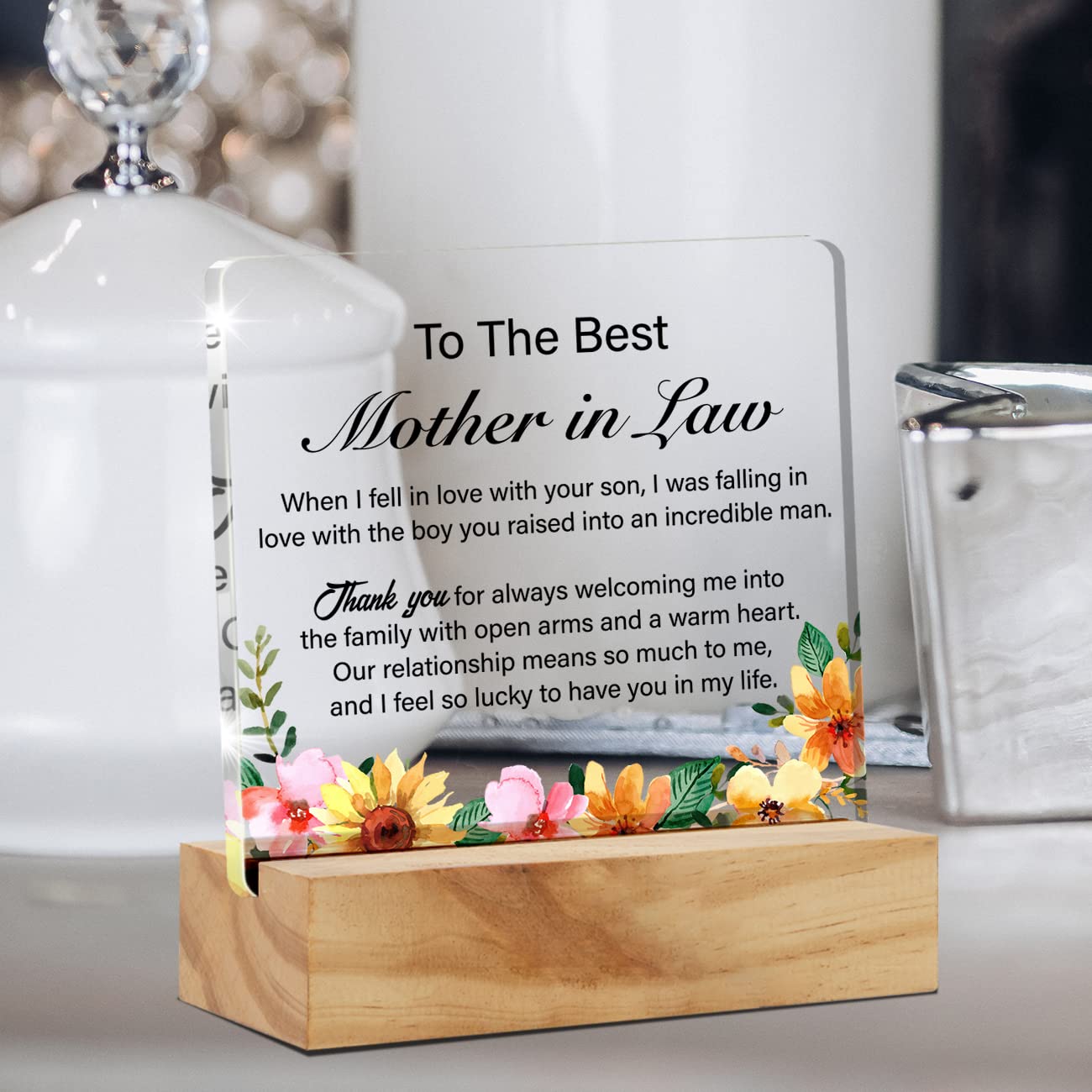 Mother in Law Gift Mother of the Groom Gifts, Mother in Law I Feel So Lucky to Have You Desk Decor Acrylic Desk Plaque Sign With Wood Stand Home Desk Sign Keepsake Present