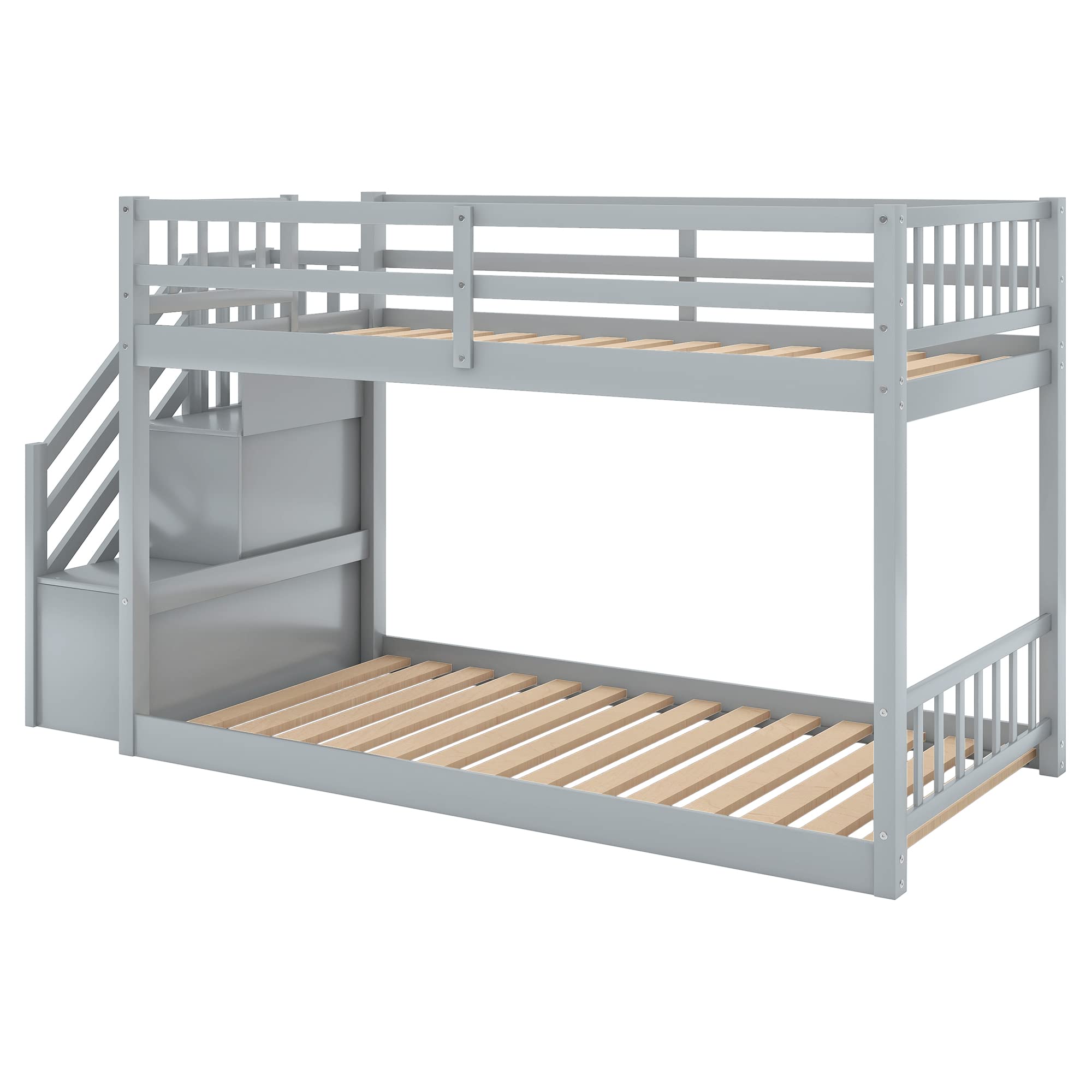 Eafurn Twin Over Twin Floor Bunk Beds with Stairs for Teens, Low Bunk Beds with Storage Staircase,Solid Wood Stairway Bunk Bed Frame for Kids Boys Girls, No Box Spring Required