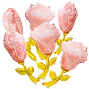 37'' Pink Rose Balloons Valentines Day Helium Balloons Pink Flower Aluminum Foil Balloons Romantic Decorations Special Night, 6 Pack Rose Aluminum Balloons for Wedding Bridal Anniversary Supplies