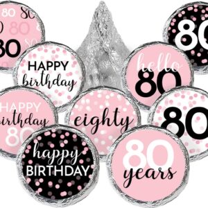 Pink, Black, and White 80th Birthday Party Favor Stickers, Chocolate Kisses Candy Stickers- 180 Count