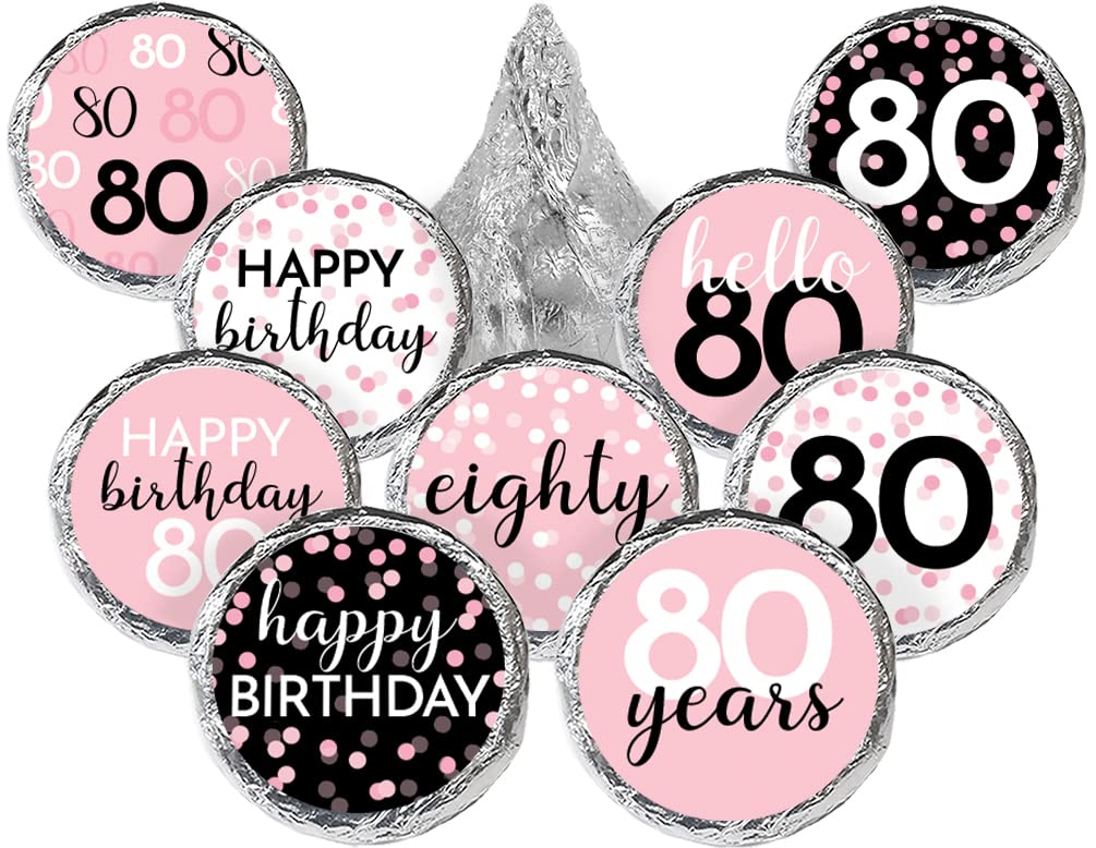 Pink, Black, and White 80th Birthday Party Favor Stickers, Chocolate Kisses Candy Stickers- 180 Count