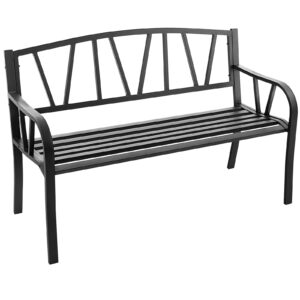 giantex garden bench for outside 50 inch - outdoor bench with metal frame, patio metal bench with backrest, armrests and slatted seat for park, porch, backyard, 660 lbs max load, black