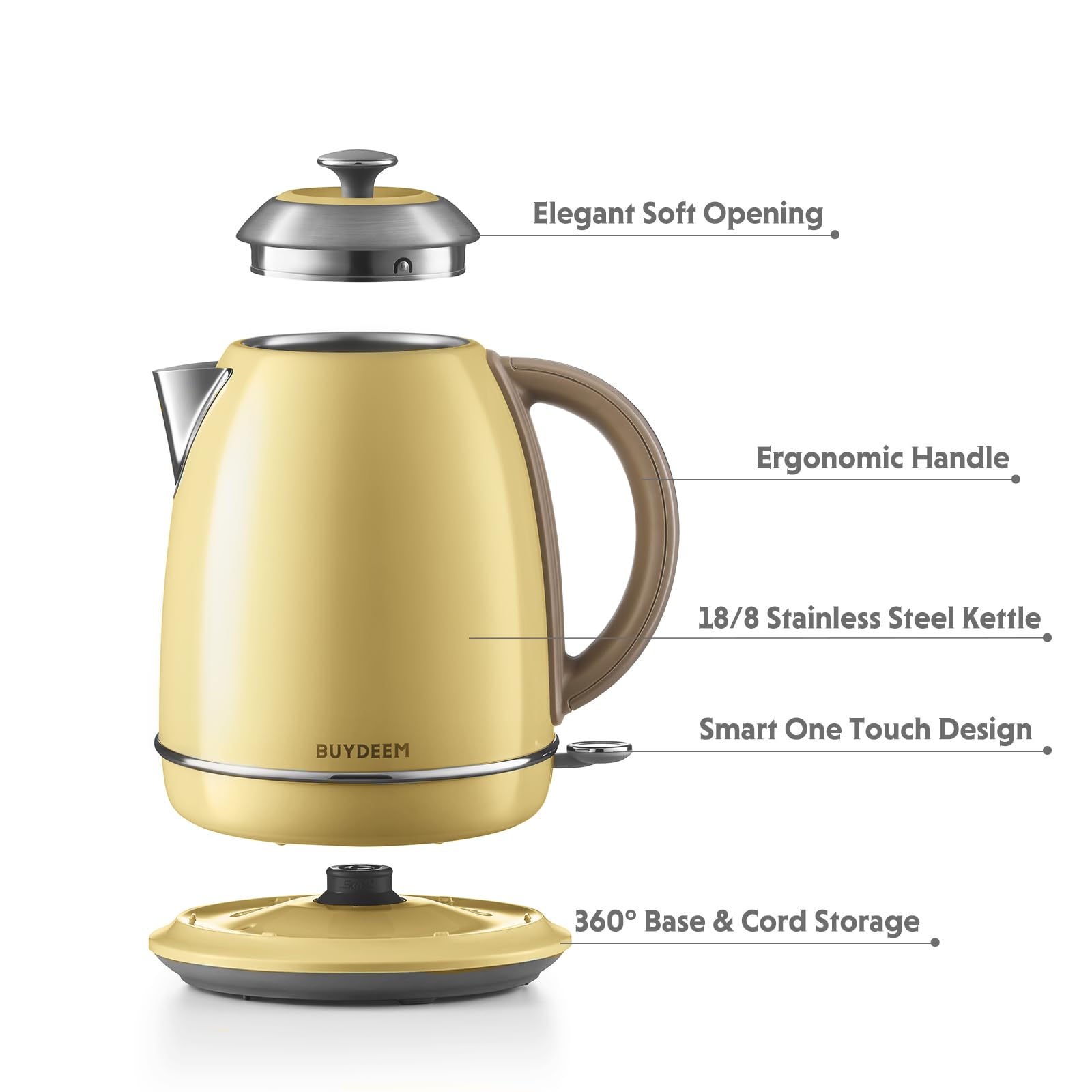 BUYDEEM K640 Stainless Steel Electric Tea Kettle with Auto Shut-Off and Boil Dry Protection, 1.7 Liter Cordless Hot Water Boiler with Swivel Base, 1440W, Mellow Yellow