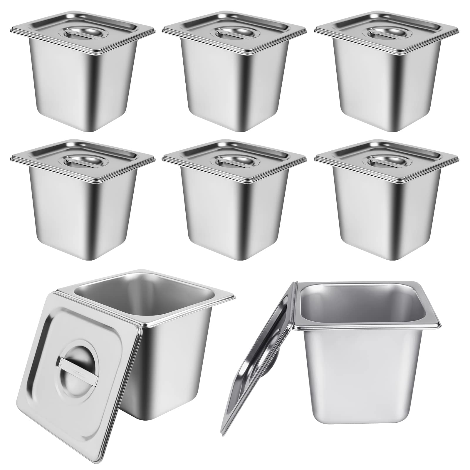 8 Packs Stainless Steel Hotel Pans 1/6 Size x 6" Deep Steam Table Pan with Lids Commercial Food Storage Containers Stackable Metal Steamer Pan Anti-Jam Hotel Pan Restaurant Warm Pans for Buffet Party