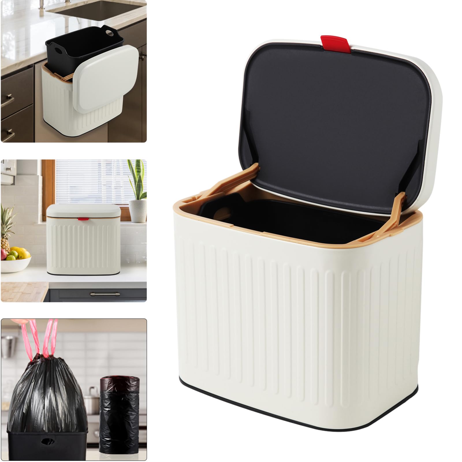 Kitchen Compost Bin Hanging Trash Can with Lid Detachable Compost Bin Stainless Steel Trash Can Small Compost Bin Countertop Mount Kitchen Food Waste Bin Garbage Can for Cabinet, Under Sink, Bathroom