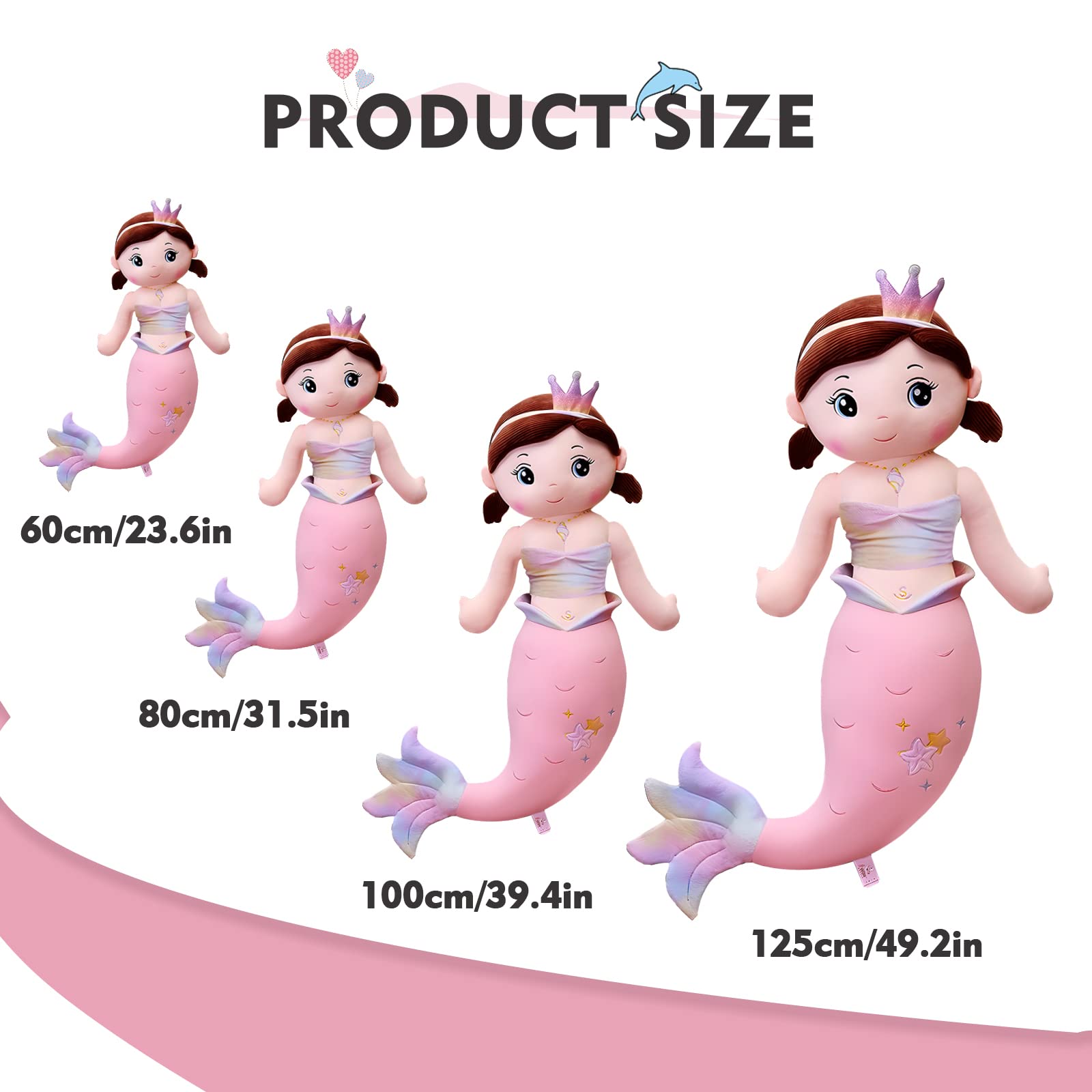 NXNYNZ Mermaid Stuffed Animal Plush, 23.6in Cute Soft Pink Hugging Mermaid Plushies Pillow Toys Kawaii Birthday Gift for for Adults Kids Boys Girls