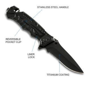 AHOBOLO Tactical Folding Pocket Knife, Small EDC Knife with Pocket Clip for Men Women, Folding Pocket Knife with Liner Lock,Glass Breaker,Seatbelt Cutter (Black)