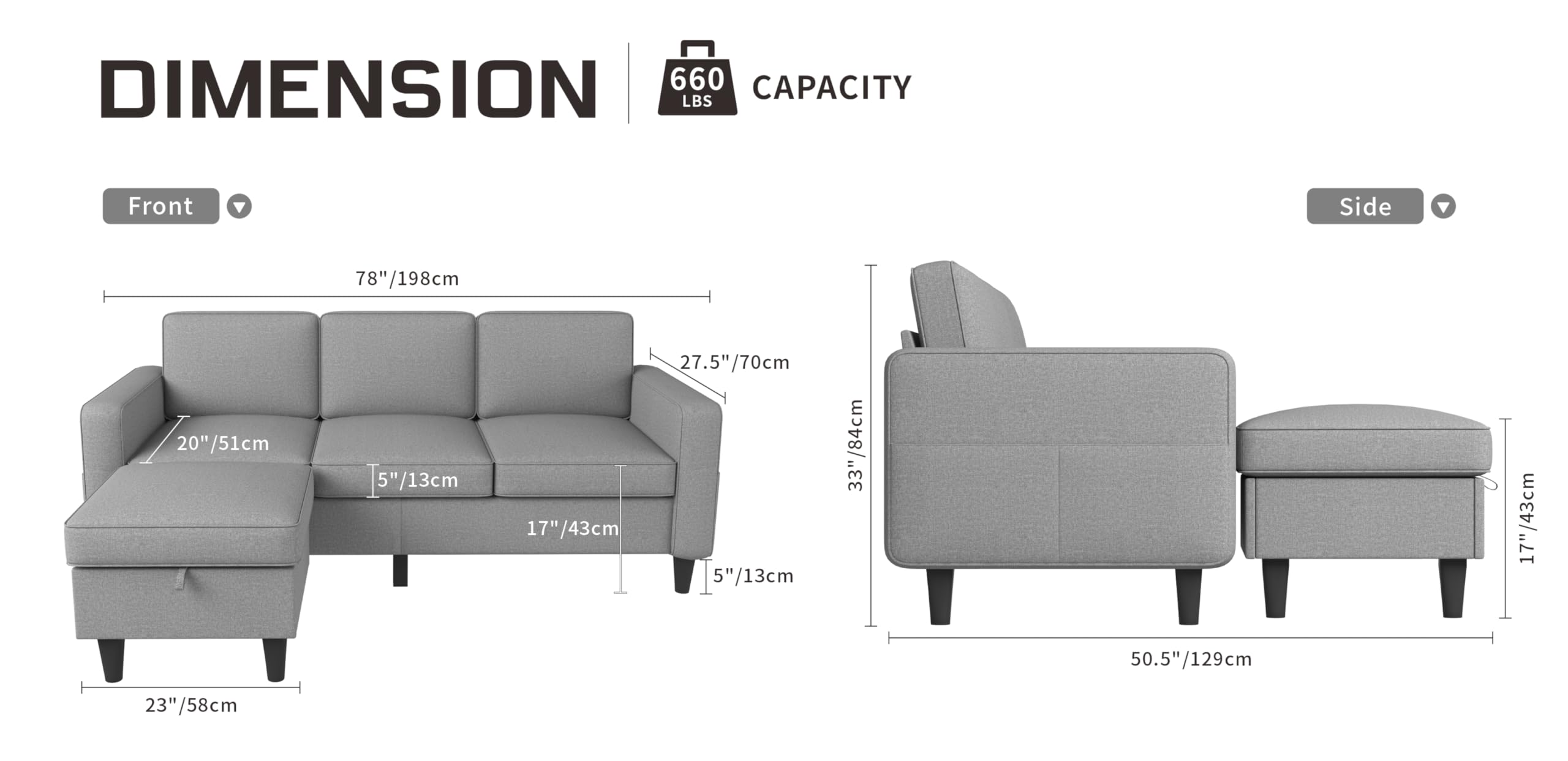 Youmumeub Convertible Sectional Sofa Couch, L-Shaped Couch 3-Seat Sofa with Storage Reversible Chaise, Sectional Couches for Living Room, Apartment and Small Space (Light Gray)