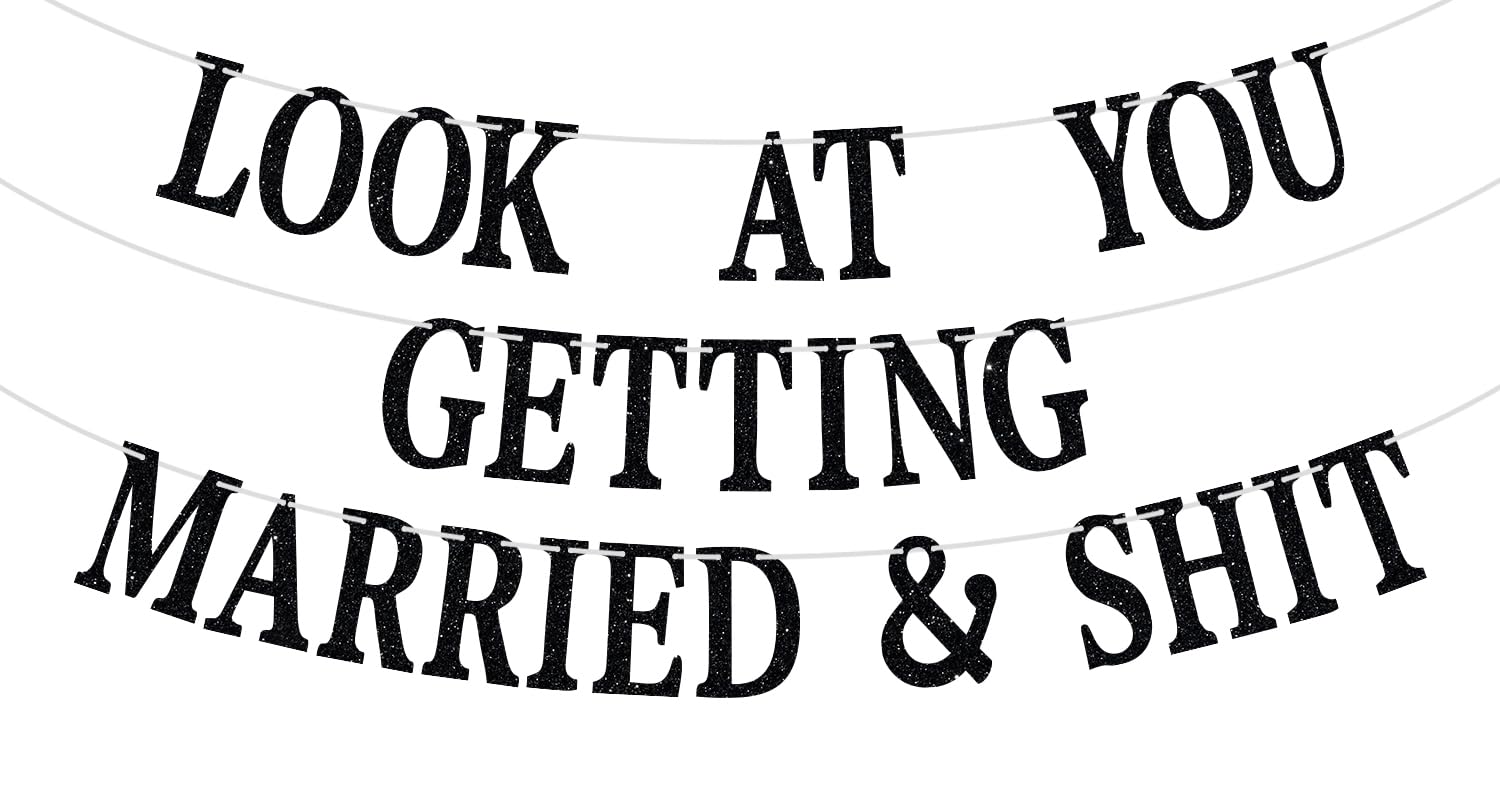 Look at You Getting Married Banner, Black Glitter Backdrop for Wedding Engagement Bridal Shower Party Decorations Supplies