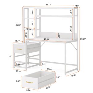 Tribesigns 55 Inch Computer Desk with 2 Drawers and Storage Shelves, White Office Desk with Hutch, Modern Study Writing Gaming Table Laptop Workstation for Home Office (White)