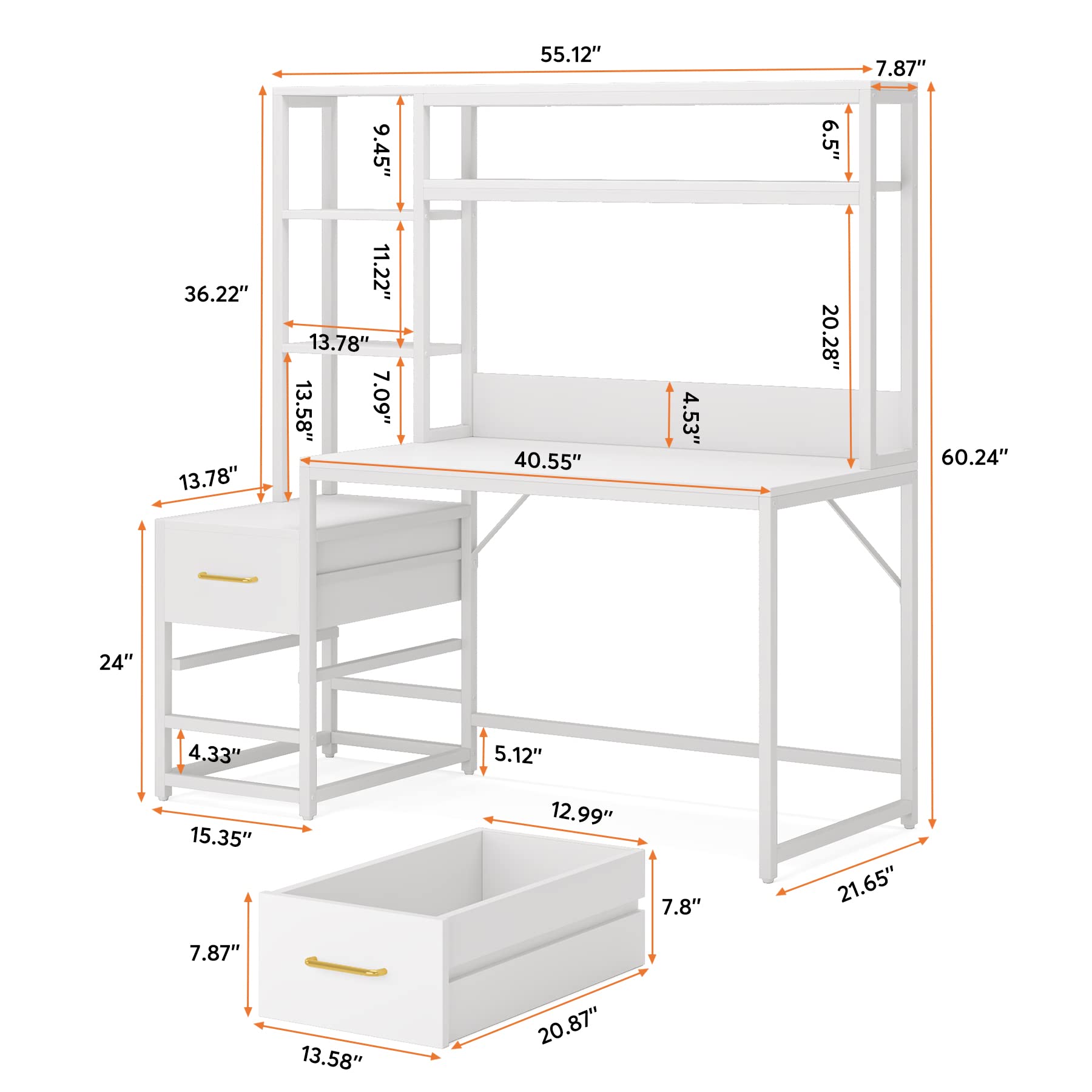 Tribesigns 55 Inch Computer Desk with 2 Drawers and Storage Shelves, White Office Desk with Hutch, Modern Study Writing Gaming Table Laptop Workstation for Home Office (White)