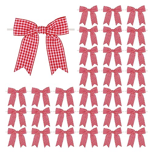 Meseey 30 Pcs 3.5 Inches Gingham Ribbon Bows with Twist Tie Red and White Buffalo Check Premade Craft Bows for Gift Wrapping Basket Wedding Baby Shower Brithday Party (RedW)