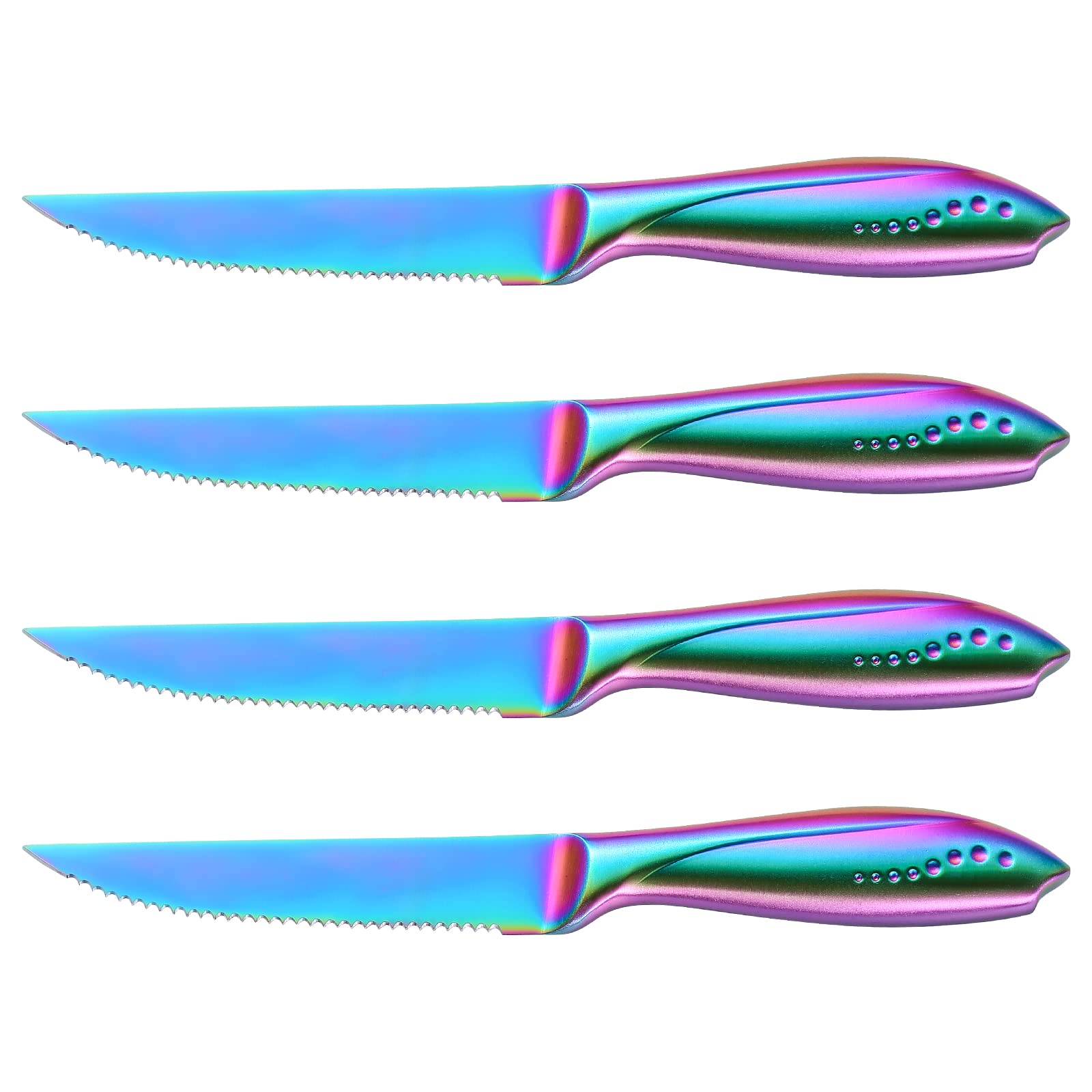 Rainbow Serrated Steak Knife 4 Piece Set, German High Carton Stainless Steel Blade for Home Restaurant