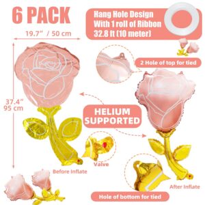 37'' Pink Rose Balloons Valentines Day Helium Balloons Pink Flower Aluminum Foil Balloons Romantic Decorations Special Night, 6 Pack Rose Aluminum Balloons for Wedding Bridal Anniversary Supplies