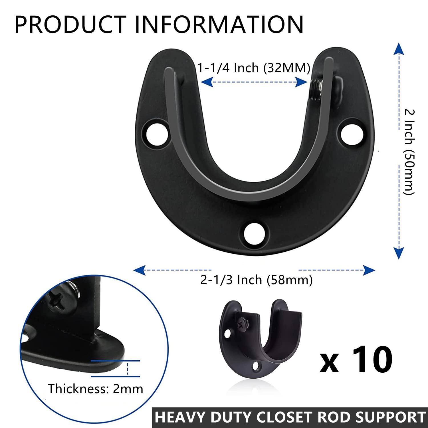 RHBLME 10PCS Stainless Steel Closet Rod Brackets Black, 1-1/4 Inch Diameter U-Shaped Closet Rod Holders, Heavy Duty Closet Rod End Supports Closet Pole Sockets Flange Rod Holder Set with Screws