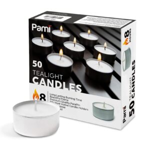 pami premium long-lasting with 8 hours burning time tealight candles [50-pack] - unscented tea candles- paraffin tealights with beautiful flame- round candles perfect for votive candle holders