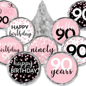 Pink, Black, and White 90th Birthday Party Favor Chocolate Kisses Candy Stickers - 180 Count, 90th Birthday Decorations for Women