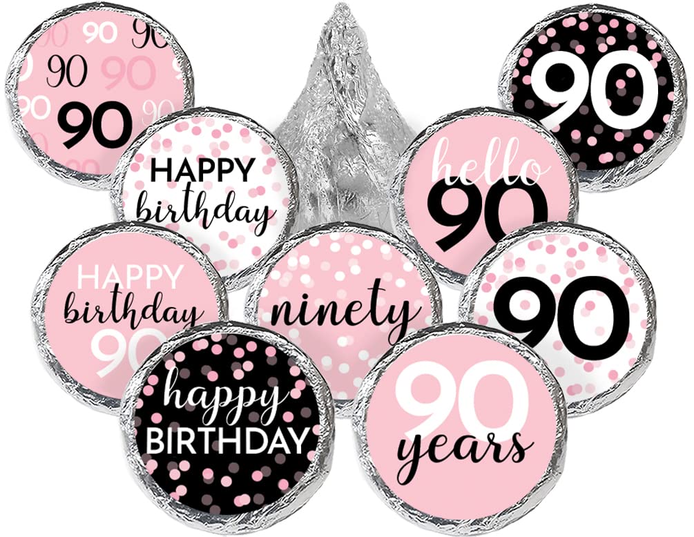 Pink, Black, and White 90th Birthday Party Favor Chocolate Kisses Candy Stickers - 180 Count, 90th Birthday Decorations for Women