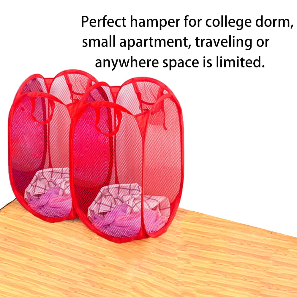 1 Pc Red Portable Popup Laundry Hamper, Foldable Pop-Up Mesh Hamper Dirty Clothes Basket with Carry Handles for Collapsible Clothes Baskets for Dorm, Bathroom & Travel - Small