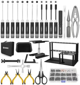 rc tool kit screwdriver set (flat, phillips, hex) metal holder, rc work stand, 522pcs screw kit, pliers set, body reamer, wrench, tray, repair tool for rc car boat quadcopter helicopter -27pcs (black)