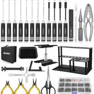 RC Tool Kit Screwdriver Set (Flat, Phillips, Hex) Metal Holder, RC Work Stand, 522PCS Screw Kit, Pliers Set, Body Reamer, Wrench, Tray, Repair Tool for RC Car Boat Quadcopter Helicopter -27pcs (Black)