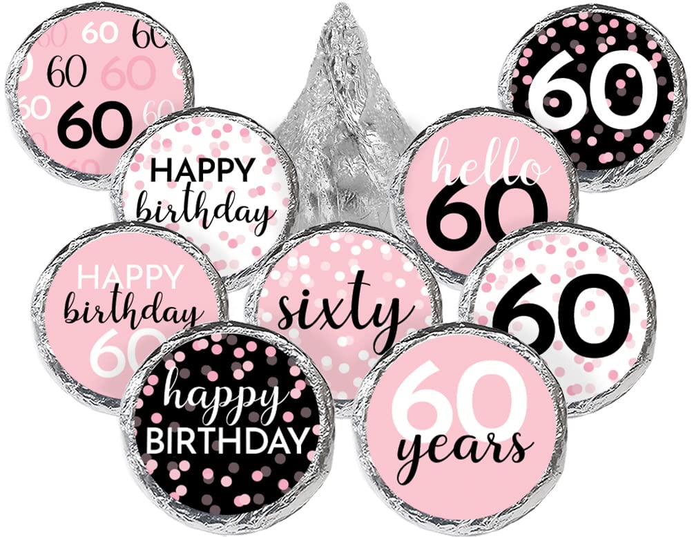 Pink, Black, and White 60th Birthday Party Favor Stickers, Kisses Candy Labels - 180 Count, 60th Birthday Decorations for Women