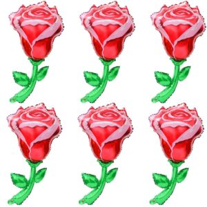 37'' red rose balloons romantic decorations special night for valentines day anniversary bridal wedding baby shower graduation birthday party supplies, 6 pack flower shaped rose mylar foil balloons