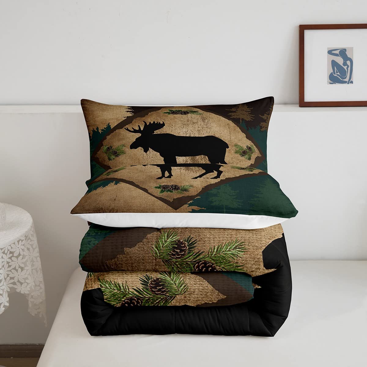 Homewish Lodge Cabin Comforter Set King Size 3 Pcs Wild Deer Antlers Outdoor Animal Comforter for Kids Teens Adults Pine Trees Retro Grid Rustic Style Bedding Set with 2 Pillowcases+1 Comforter