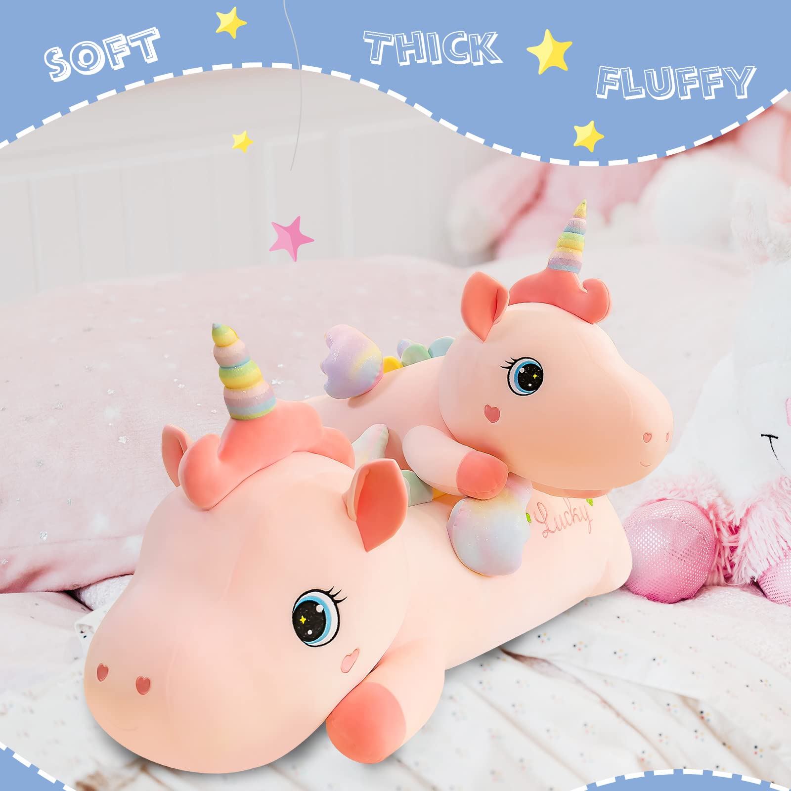 NXNYNZ Unicorn Plush Stuffed Animals for Girls, 51.1in Soft Cute Pink Unicorn Body Pillow Plushie Toys with Wings Birthday Gifts for Kids Boys