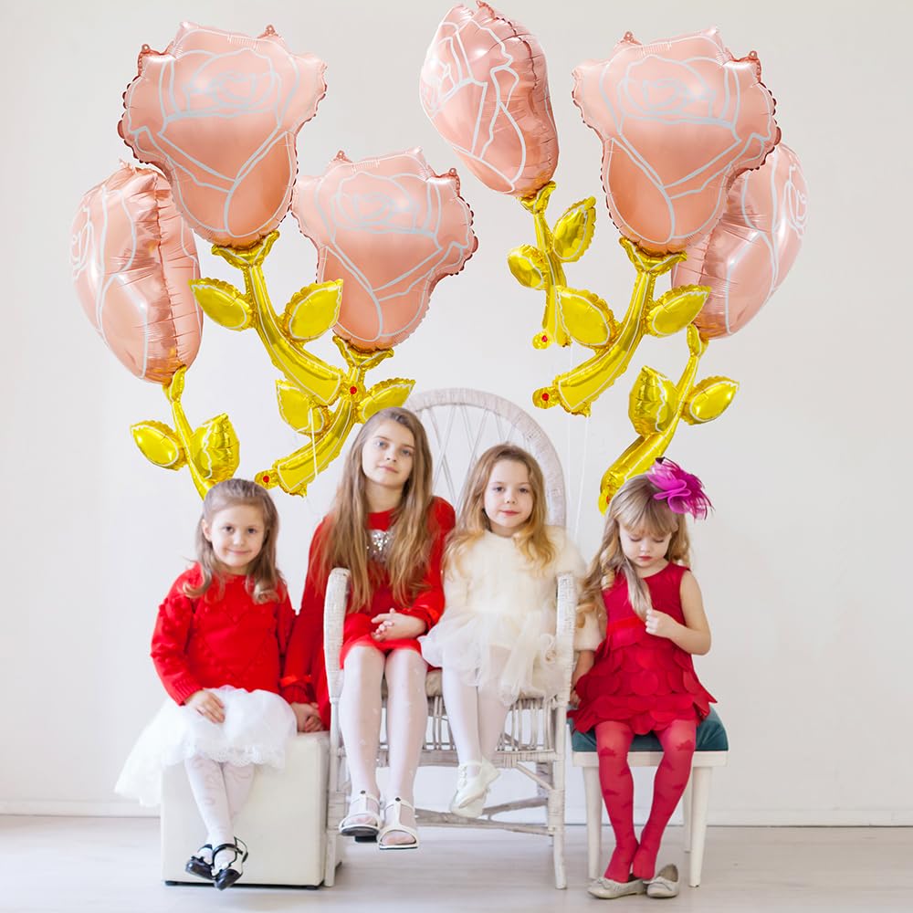 37'' Pink Rose Balloons Valentines Day Helium Balloons Pink Flower Aluminum Foil Balloons Romantic Decorations Special Night, 6 Pack Rose Aluminum Balloons for Wedding Bridal Anniversary Supplies