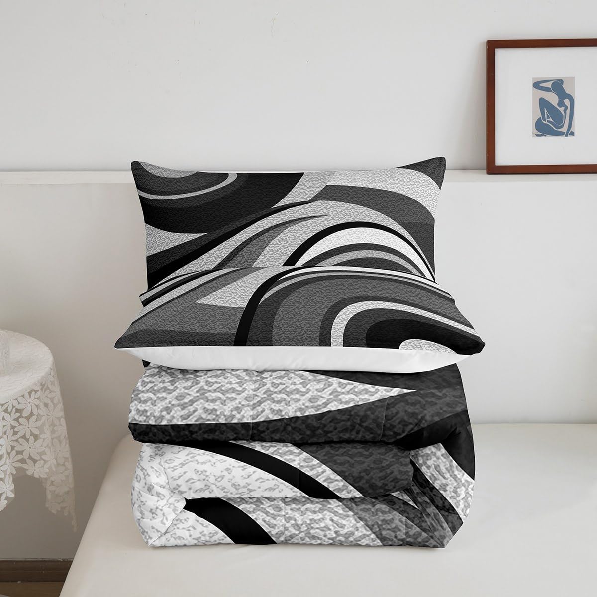 Black Grey Stripes Comforter Set Full Size Kids Geometric Comforter Set for Boys Teens Geometry Abstract Art Bedding Set Modern Striped Art Duvet Set Room Decor Quilt Boys