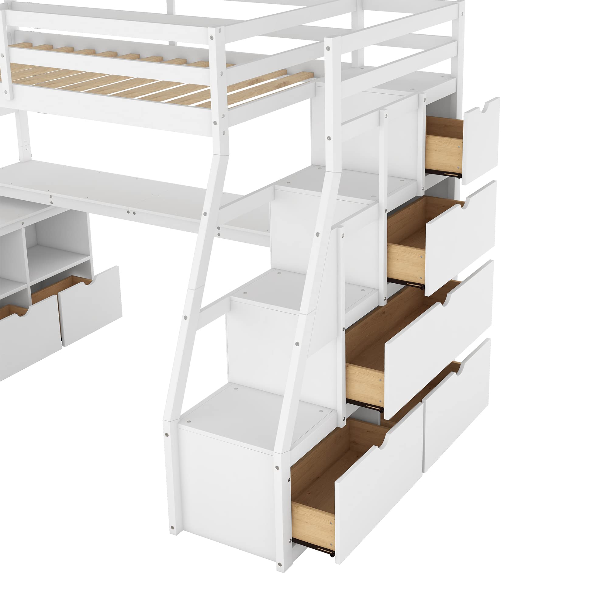 CITYLIGHT Twin Size Loft Bed with Desk and Stairs, Wooden Twin Loft Bed with 7 Drawers and 2 Shelves,Loft Bed with Storage and Stairs for Girls Boys Teens,White