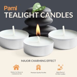 PAMI Premium Long-Lasting with 4 Hours Burning Time Tealight Candles [50-Pack] - Unscented Tea Candles - Paraffin Tealights with Beautiful Flame- Round Candles Perfect for Votive Candle Holders