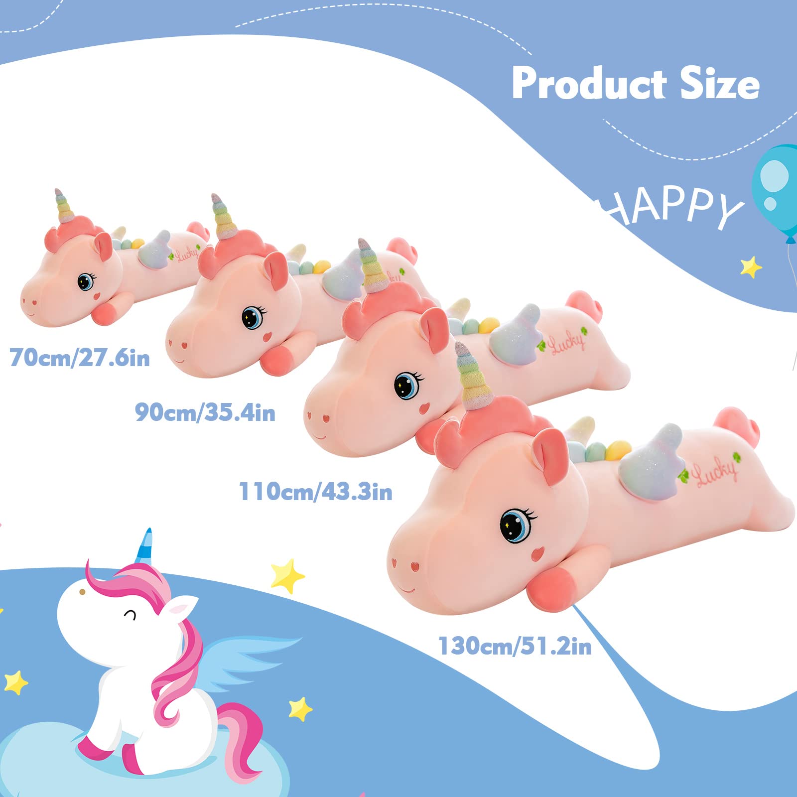 NXNYNZ Unicorn Plush Stuffed Animals for Girls, 51.1in Soft Cute Pink Unicorn Body Pillow Plushie Toys with Wings Birthday Gifts for Kids Boys