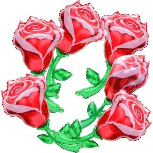 37'' Red Rose Balloons Romantic Decorations Special Night for Valentines Day Anniversary Bridal Wedding Baby Shower Graduation Birthday Party Supplies, 6 Pack Flower Shaped Rose Mylar Foil Balloons