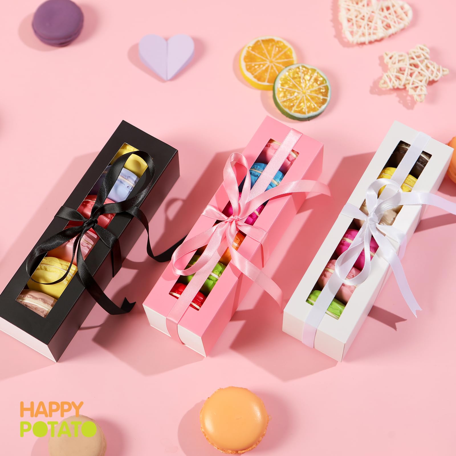 HAPPY POTATO 25 Pack Macaron Boxes for 6, 7.2×1.9×1.9 Inches, Macaron Packaging Boxes, Black Macaron Boxes with Clear Window, Macaron Container Packaging Boxes with Ribbon