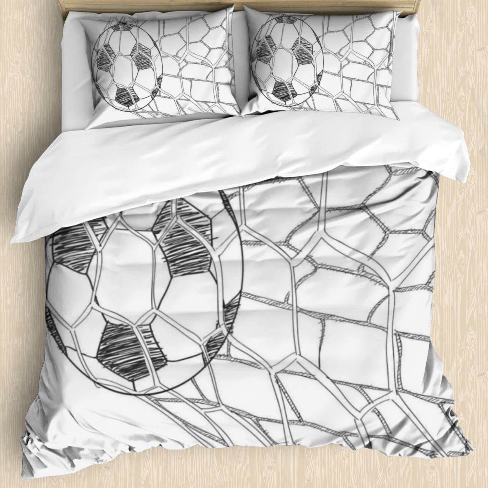 Yaofuren Soccer Theme 3 Pieces Duvet Covers Full Size，Bedding Soccer Ball in Net Print Duvet Cover，Decorative 3 Piece Bedding Set with 2 Pillow Shams for All Season （White，Full）