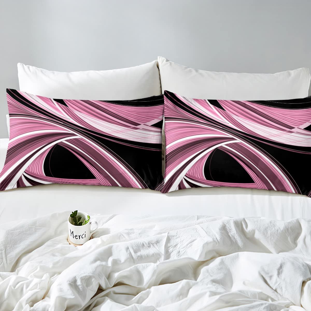 Black and Pink Duvet Cover Geometric Metal Art Bedding Set Retro Stripe Swirl Comforter Cover Retro Circle Geometry Bedspread Cover Full Size with 2 Pillow Case (No Comforter)