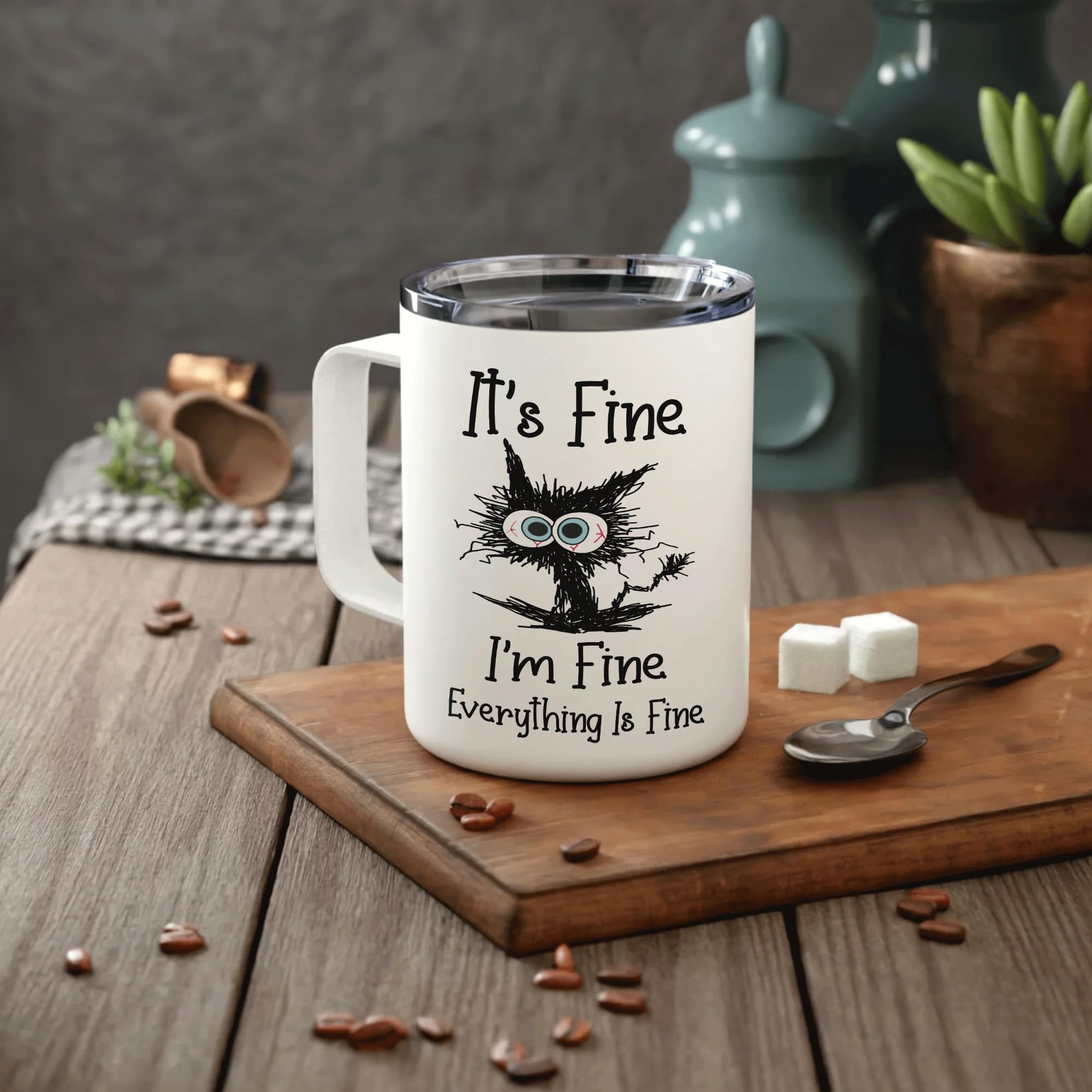 Hyturtle Funny Cat Gifts For Cat Lover, It's Fine I'm Fine Everything Is Fine Coffee Tumbler Cup Mug Stainless Steel 12oz, Cat Gifts For Women, Gift For Animal Lover On Birthday Christmas