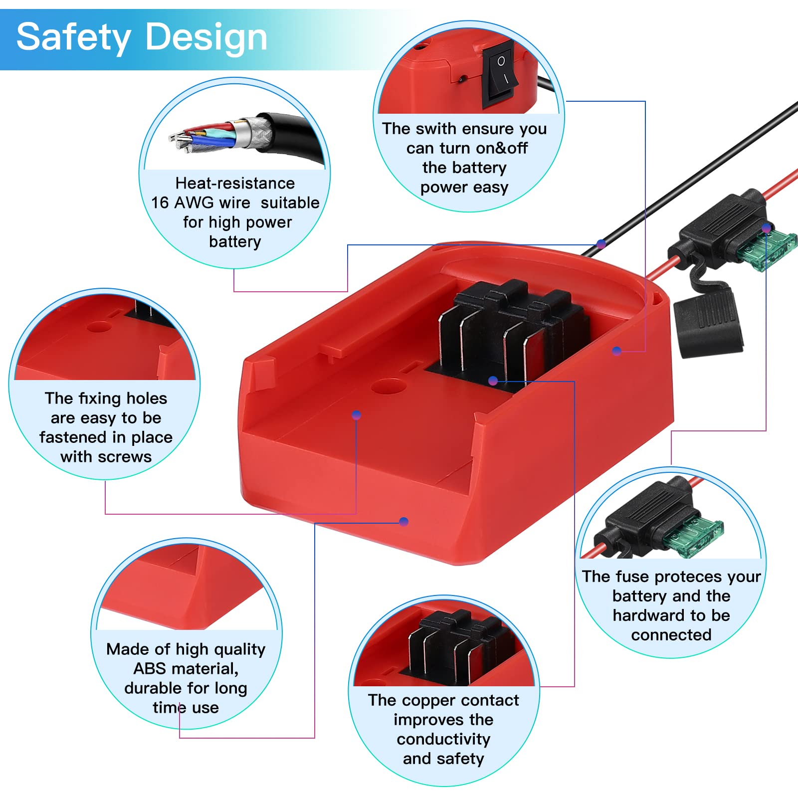 biuonga Power Wheel Adapter for Milwaukee 18V Battery, Milwaukee power adapter Conversion Kit with Switch, Fuse & Wire Terminals Switch Fuse Holder 16AWG Wire Kit with 30Amp Fuses, Red