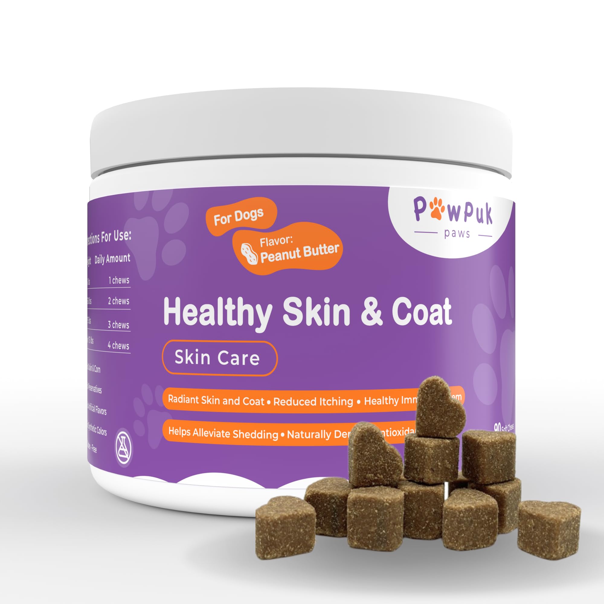 PawPuk Paws Skin Health Vitamins Supplements for Dogs, Radiant Skin & Coat, Reduced Itching Shedding, Healthy Immune System, Natural Antioxidants, EPA, DHA, Omega 3 Fatty Acids, 90 Soft Chews