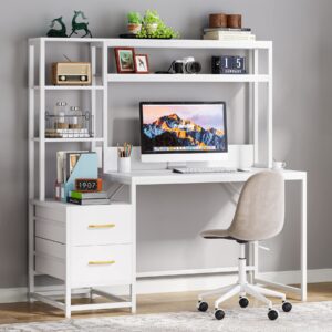 Tribesigns 55 Inch Computer Desk with 2 Drawers and Storage Shelves, White Office Desk with Hutch, Modern Study Writing Gaming Table Laptop Workstation for Home Office (White)