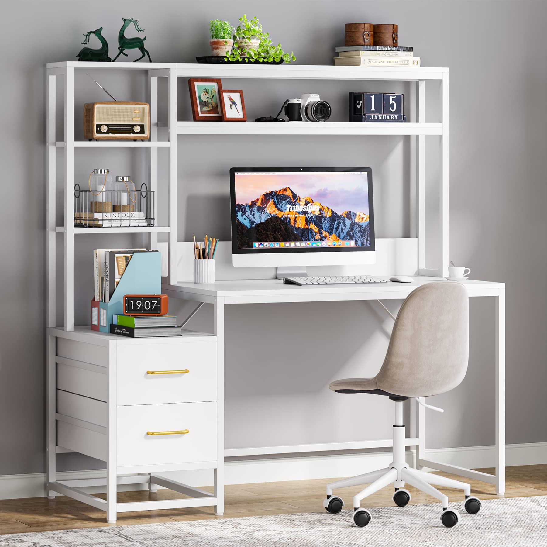 Tribesigns 55 Inch Computer Desk with 2 Drawers and Storage Shelves, White Office Desk with Hutch, Modern Study Writing Gaming Table Laptop Workstation for Home Office (White)