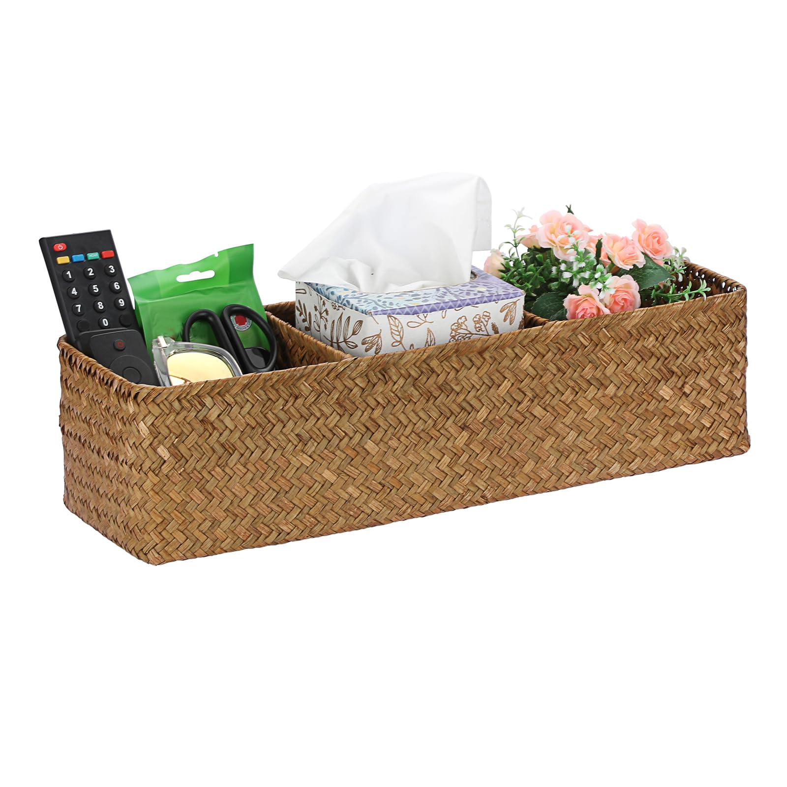 Sumnacon Seagrass Toilet Basket, Woven Bathroom Organizing Basket with Section for Toilet Paper Tissue Toiletries Decorative Countertop Storage Basket for Toilet Vanity Table Shelf Kitchen, Caramel