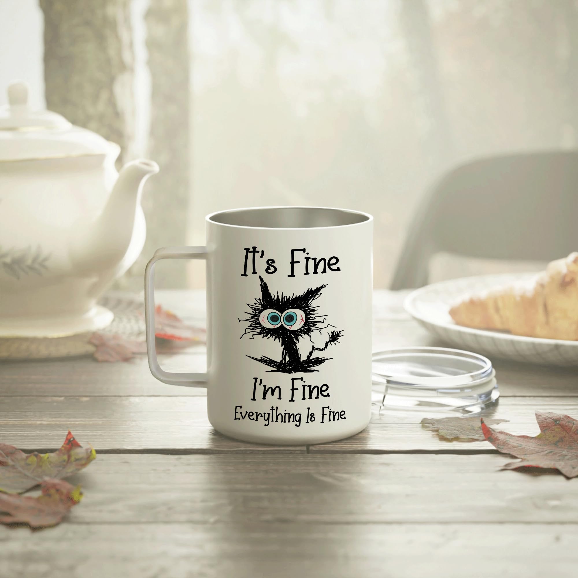 Hyturtle Funny Cat Gifts For Cat Lover, It's Fine I'm Fine Everything Is Fine Coffee Tumbler Cup Mug Stainless Steel 12oz, Cat Gifts For Women, Gift For Animal Lover On Birthday Christmas