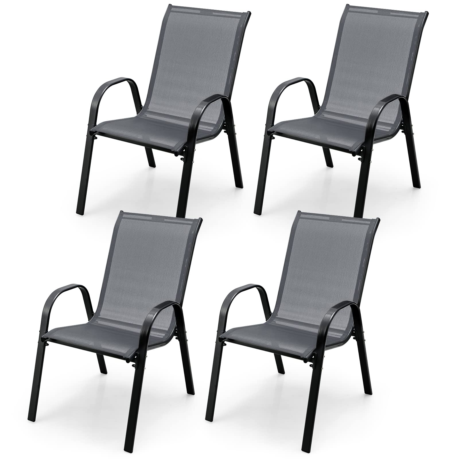 Giantex Set of 4 Patio Chairs, Outdoor Stackable Dining Chairs w/Armrests, 330 LBS Capacity, All Weather Fabric, Heavy Duty Rustproof Steel Frame, Lawn Chairs for Porch, Yard, Pool, Garden (Gray)