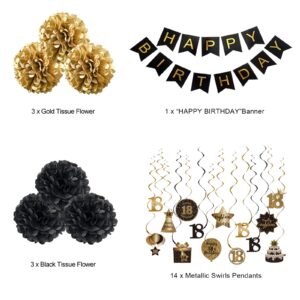 BRT Bearingshui Happy 18th Birthday Hanging Swirls Streamers Decoration, Happy Birthday Banner with Tissue Pompoms, Black and Gold 18 Years Old Birthday Party Hanging Backdrop Decorations