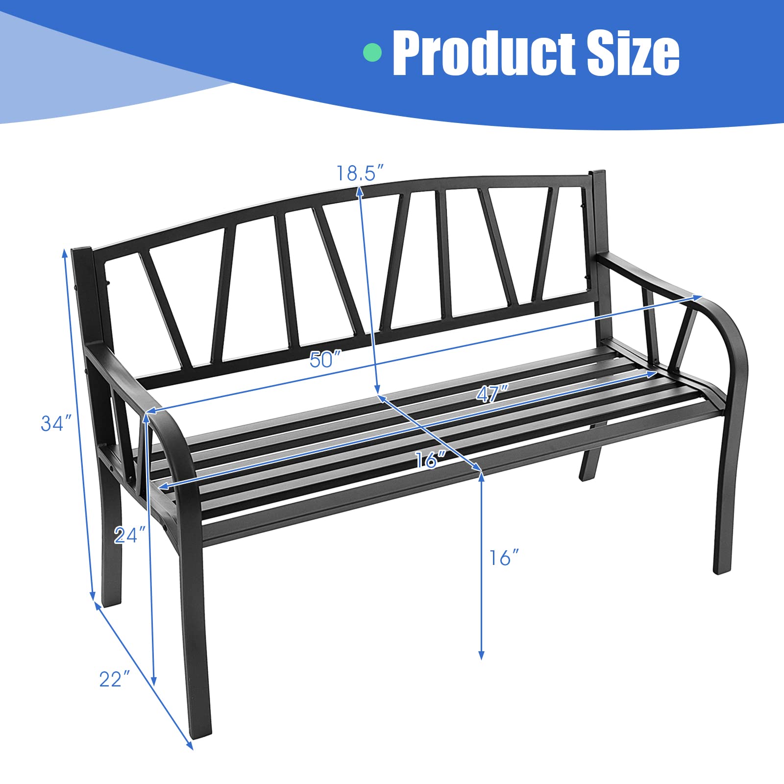 Giantex Garden Bench for Outside 50 Inch - Outdoor Bench with Metal Frame, Patio Metal Bench with Backrest, Armrests and Slatted Seat for Park, Porch, Backyard, 660 lbs Max Load, Black