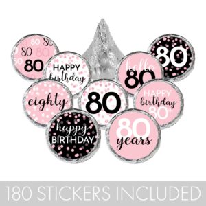 Pink, Black, and White 80th Birthday Party Favor Stickers, Chocolate Kisses Candy Stickers- 180 Count