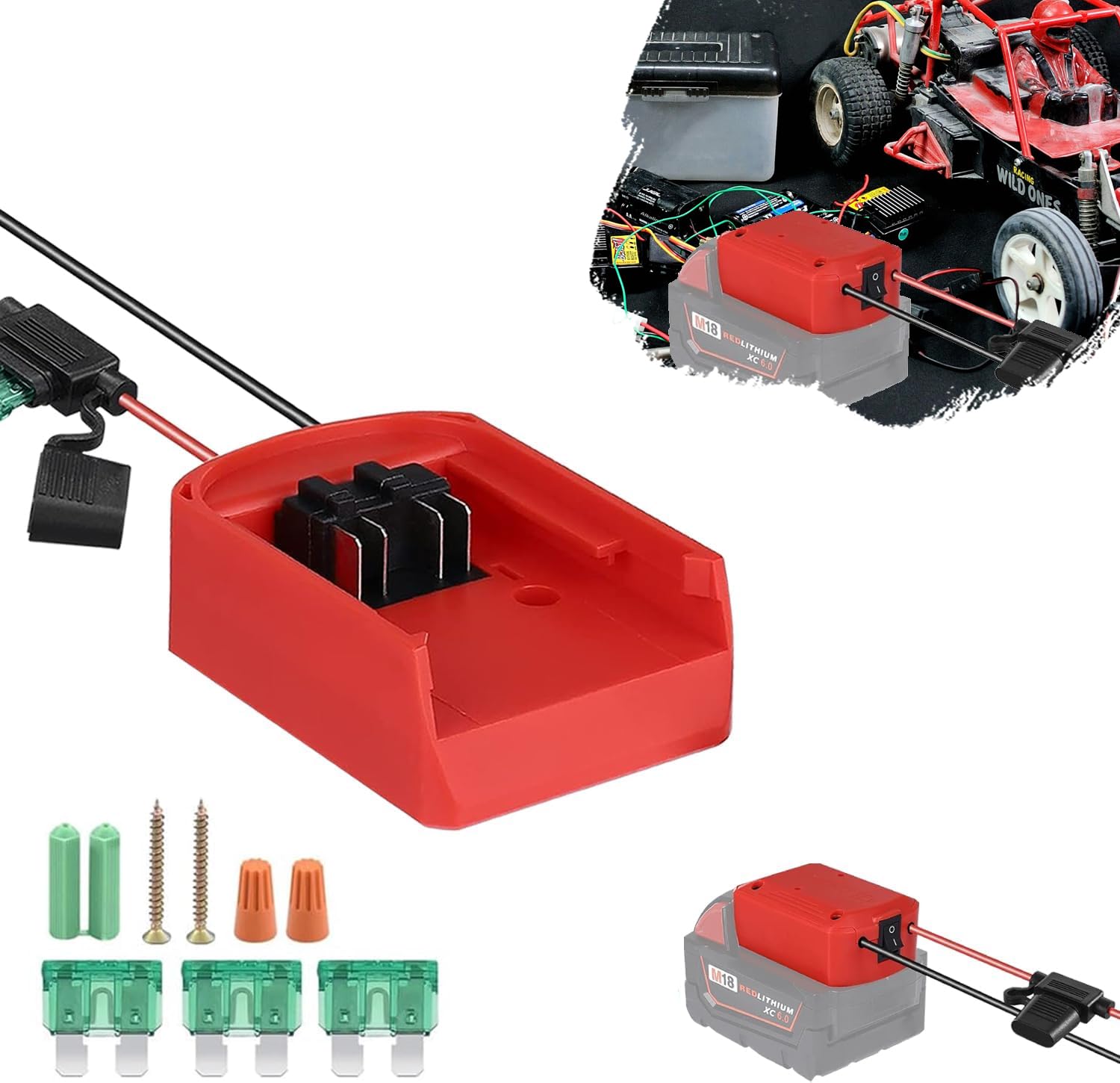 biuonga Power Wheel Adapter for Milwaukee 18V Battery, Milwaukee power adapter Conversion Kit with Switch, Fuse & Wire Terminals Switch Fuse Holder 16AWG Wire Kit with 30Amp Fuses, Red